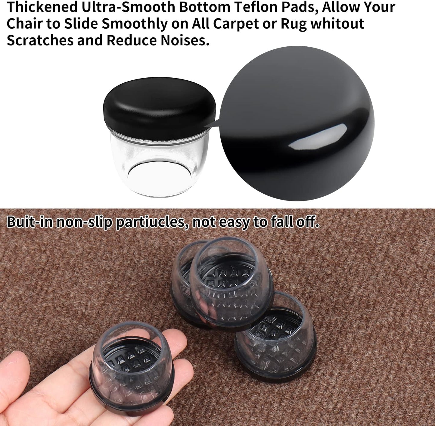 Ezprotekt 24 Pcs Clear Chair Leg Sliders for Carpet, Round Teflon Furniture Glides for Rug, Carpet Sliders Protectors Caps to Slide Smooth for Dining Table Chair, Bar Stool Legs (M Fit: 7/8" to 1")