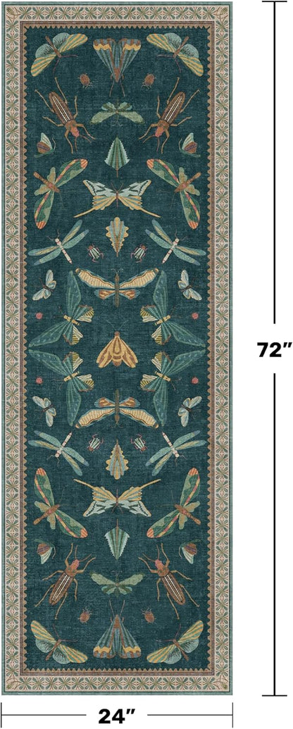 Brown and Green Kitchen Sink Runner Rug 2x6 - Teal Boho Bathroom Rugs for Entrance Indoor, Insect Print Floral Vintage, Washable Non Skid Stain Resistant