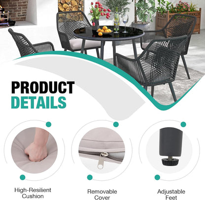 Patiorama Patio Dining Chair Set of 6, Woven Rope Outdoor Dining Chairs w/Steel Frame, All-Weather Twisted Rattan Chairs w/Armrest & Cushion, Outdoor Dining Wicker Chairs for Backyard Garden(Black)