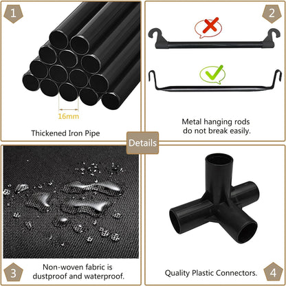 SORCEDAS Portable Wardrobe Closet Storage Organizer Metal Hanging Rack Non-Woven Fabric (Black, 51 Inch)