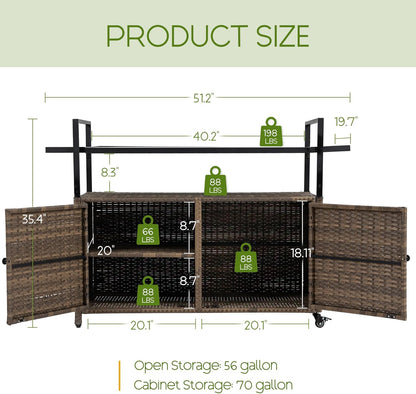 Wicker Outdoor Bar Cart - Brown Patio Console Storage Table Buffet Cabinet Serving Kitchen Cart with Wheels for Outside Backyard