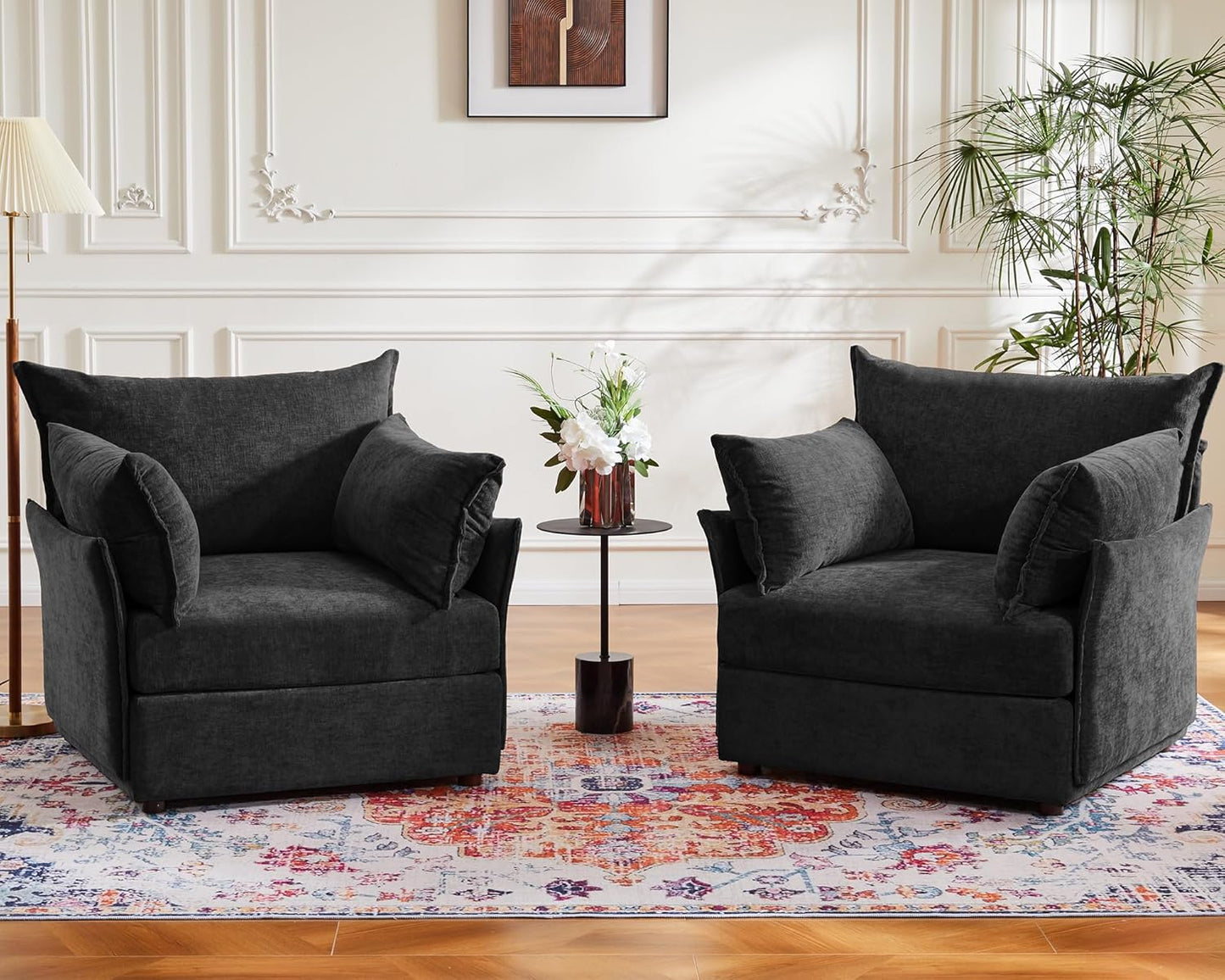 Oversized Accent Chair, Upholstered Modern Sofa Chair with Removable Backrest & Detachable Cover, 24.5" Deep Seat Large Reading Armchair for Living Room Bedroom Office - Chenille Black Set of 2