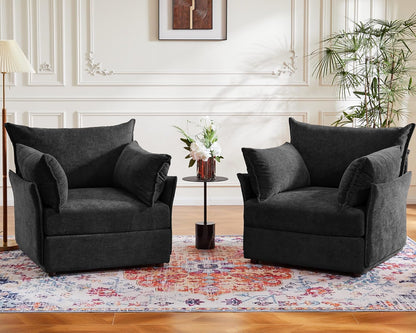 Oversized Accent Chair, Upholstered Modern Sofa Chair with Removable Backrest & Detachable Cover, 24.5" Deep Seat Large Reading Armchair for Living Room Bedroom Office - Chenille Black Set of 2
