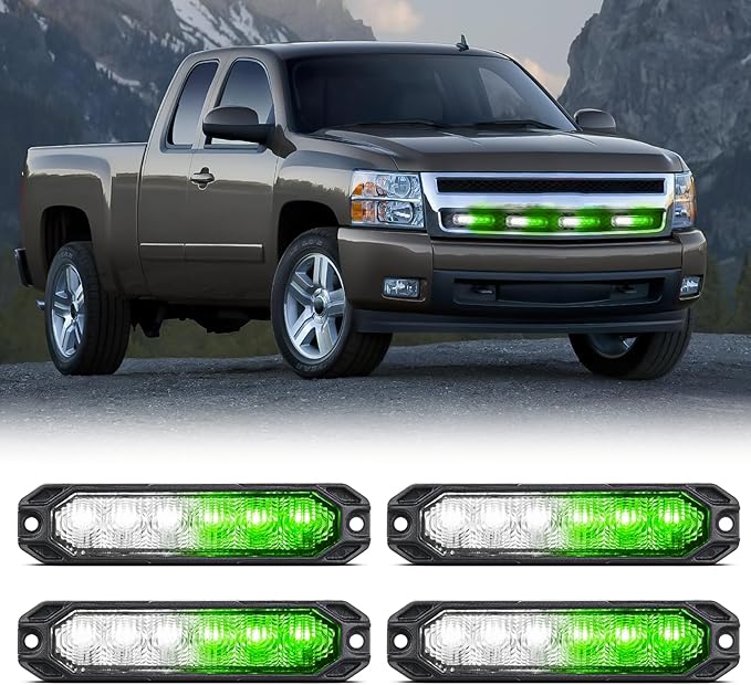 Nilight 4PCS 6LED Green White Emergency Strobe lights 12V 24V Surface Mount Flashing Warning Hazard Light Ultra Slim Sync Feature Grille for Cars Trucks Van Off Road Vehicles SUV