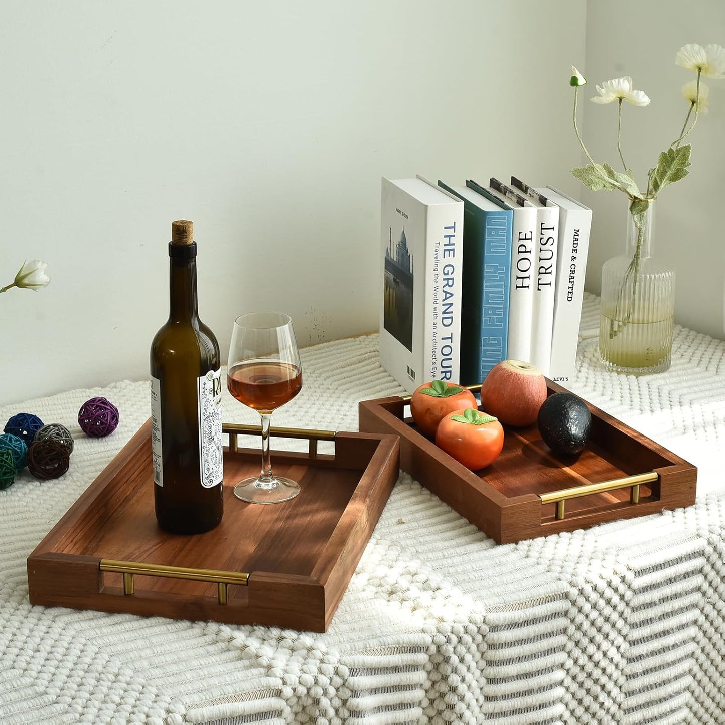 Set of 2 Acacia Wood Serving Trays with Gold Metal Handles for Food Serving, Appetizers & Snacks - Ideal for Bed, TV, Ottoman or Coffee Table Décor, Home Decoration Accessory 15.75x11.8 Inch