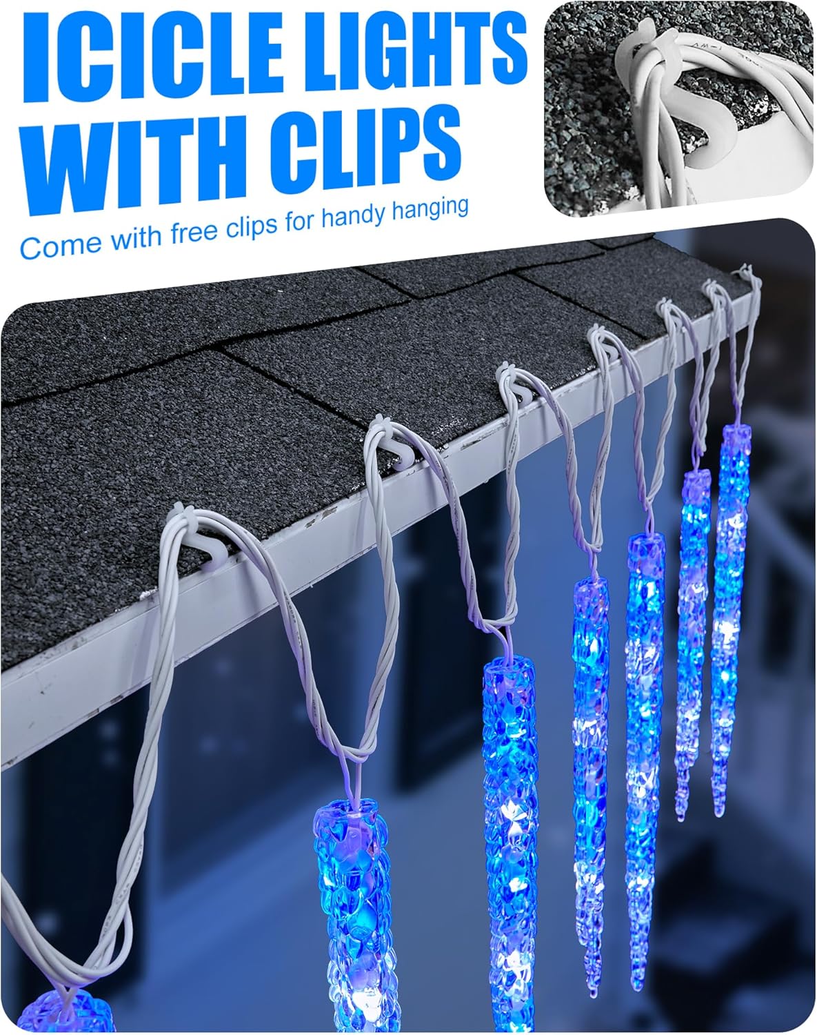 Minetom Icicle Lights Outdoor with Clips, 20ft 100 LED 20 Tubes Twinkling Icicle Strings Connectable Waterproof Hanging Christmas Lights Plug in for Eave Outdoor, Blue and White