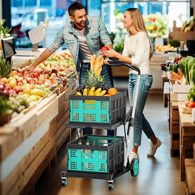 Collapsible Shopping Cart, 8-in-1 200LBS Multi Functional Utility Cart with 2 Storage Crate, Adjustable Handle Grocery Cart on Wheels for Shopping/Warehouse/Office/Supermarket - Blue