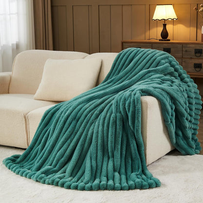 NEWCOSPLAY Faux Fur Throw Blanket Light Teal 3D Ribbed Plush Thick Warm Blanket for Couch Sofa Bed 850GSM (Light Teal Ribbed, Throw(50"x60"))