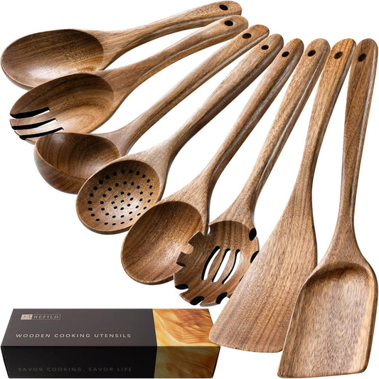 Wooden Spoons for Cooking, Nonstick Cooking Utensil Set with 8 Piece Acacia Wooden Spatulas and Spoons for Cooking, Terrific for Everyday Kitchen Tasks