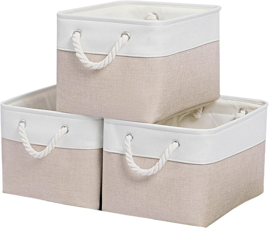 15x11x9.5 Inch Storage Baskets for Shelves,3 Pack Storage Bins，Foldable Organizer Boxes, Decorative Storage Basket for Organizing Clothes, Toys, Books, Foldable Cloth Baskets (White&Beige)