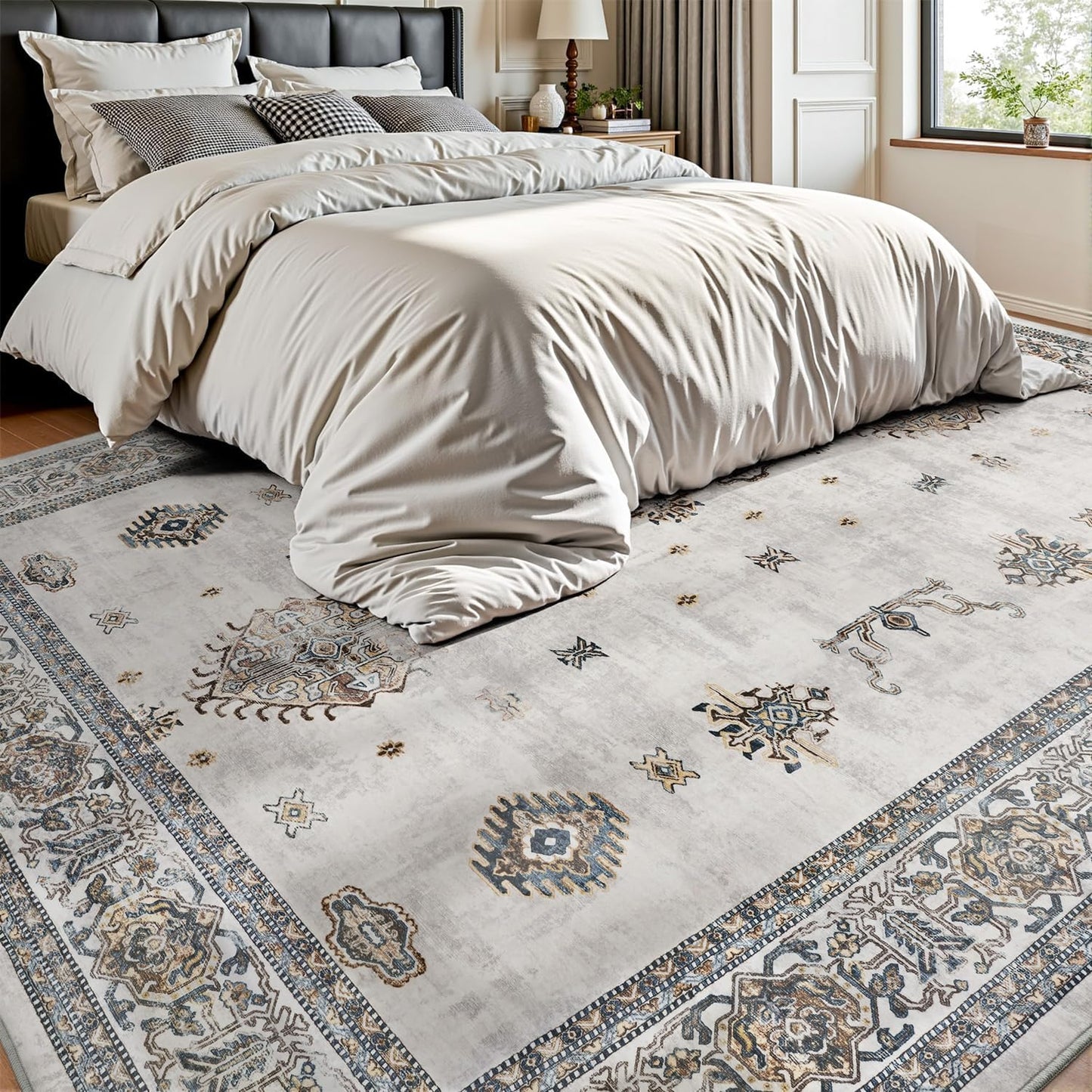 AMOAMI-Vintage Area Rug 6X9 Grey Rugs for Living Room-Soft Living Room Rug Non Slip Rugs for Bedroom Carpet Machine Washable Rug for Dining Room Bedside Office Room Decor