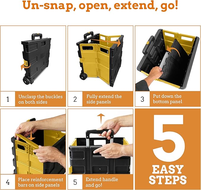 Inspired Living Ultra-Slim Rolling Collapsible Storage Pack-N-Roll Utility-carts, with Telescopic Handle, for Home, Garden, Shopping, Office, School use, Large, Yellow & Black