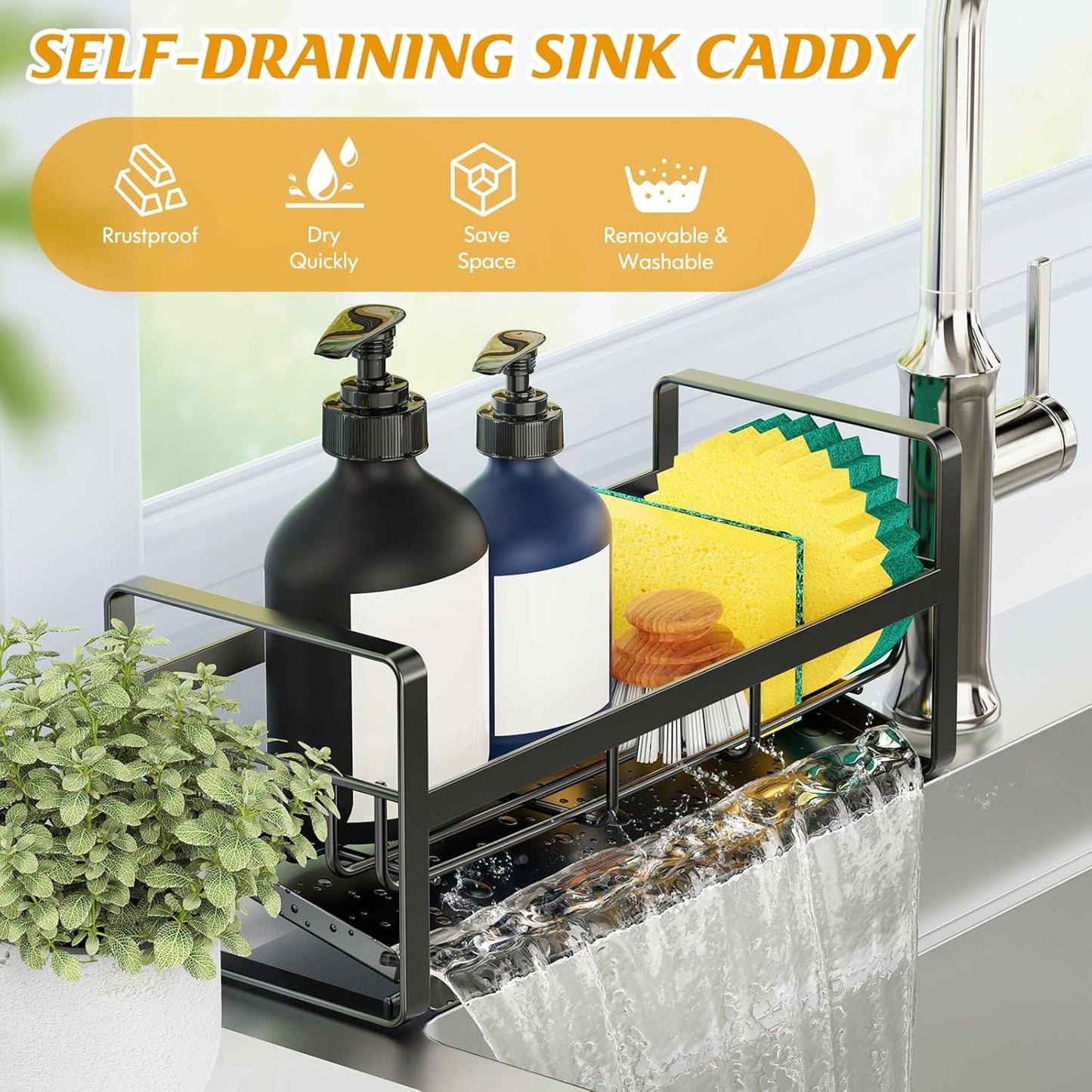 Sponge Holder for Kitchen Sink,Stainless Steel Kitchen Sink Organizer with Auto Draining Tray,Countertop Sink Caddy for Sponge Holder Soap Brush Dispenser,Black-Large