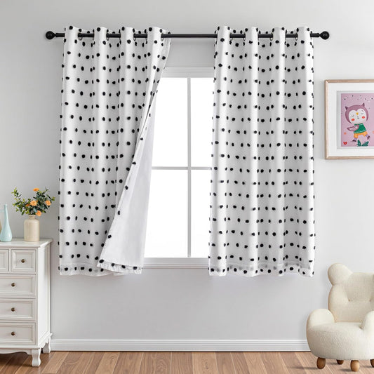 MYSKY HOME Blackout Curtains for Kids Bedroom 100% Light Block Out Thermal Insulated Curtain 63 Inches Grommet Room Darkening Curtains Privacy Window Drapes with Black Pom Pom Sheers，2 PCS, 52" x 63"