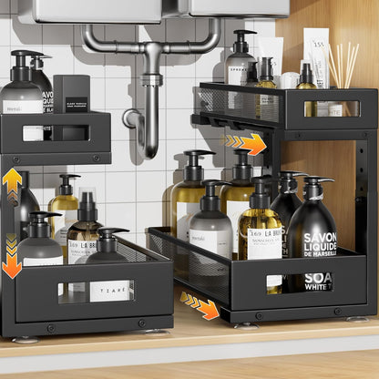 2-Pack Under Sink Storage Organizer, Large 2-Tier Elegant Mesh Pull Out Shelf for Kitchen and Bathroom Cabinet Organization, L-Shaped and Adjustable Height Design,Patent Pending-Black