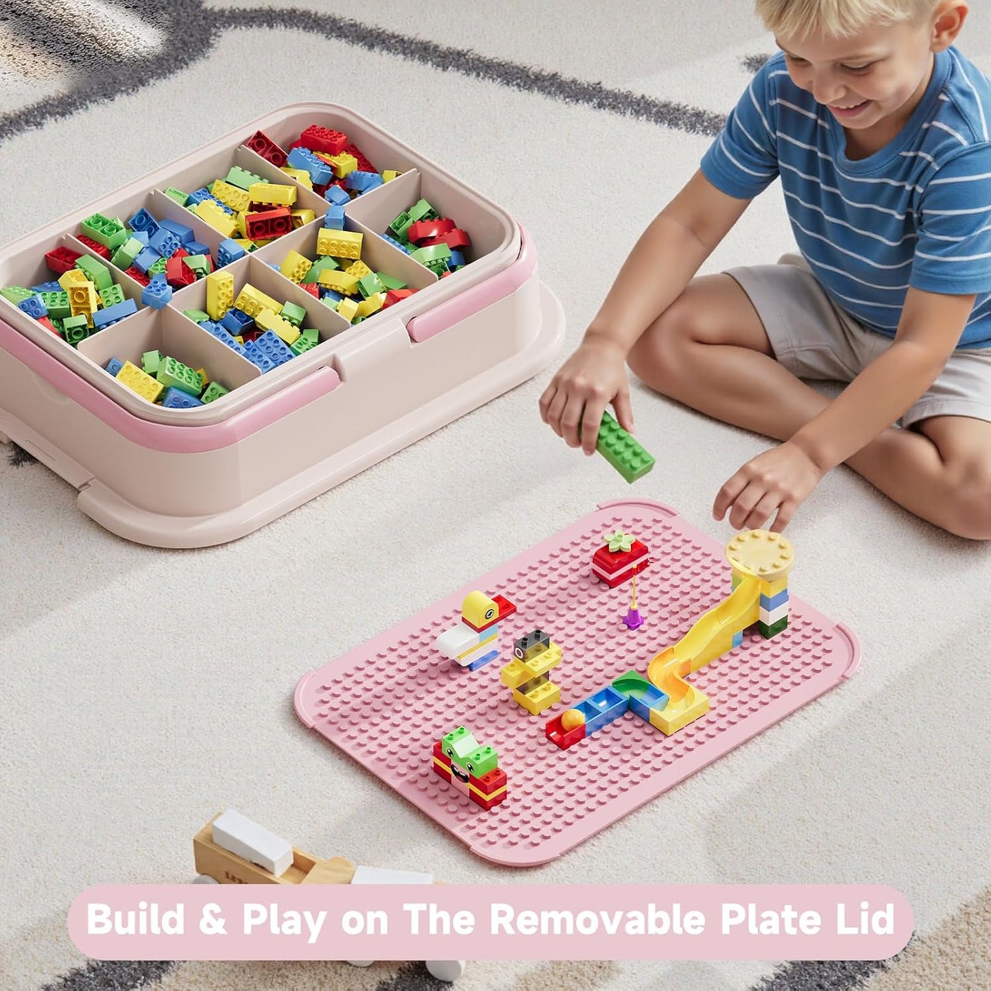 Toy Storage Organizer Box with Handle, Stackable Building Block Toy Box with Building Plate Lid & Removable Sorting Trays, Cubby Bins and Containers 1 Layer (Pink)