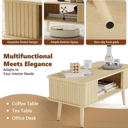 LAZZO Coffee Table with Storage Center Table for Living Room Rectangle Coffee Table with Rounded Edges,Easy Assembly, Natural Wood