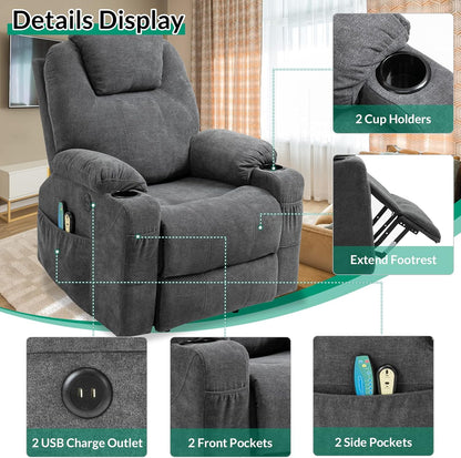 VIVIJASON Power Lift Chair Electric Recliner for Elderly Heated Vibration Massage Fabric Recliner Chair with 2 Remote Controls, Cup Holders, Side Pockets & USB Ports for Living Room (Grey)