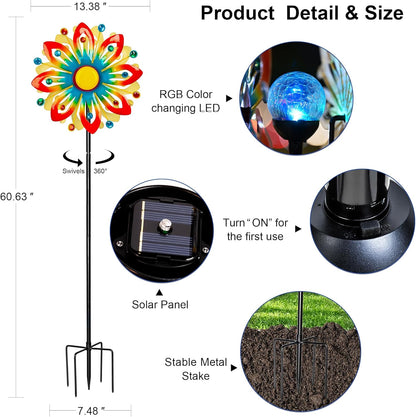 Soalr Wind Spinners -60.63 Inch Outdoor Metal Stake Yard Wind Sculptures, Solar Powered Multi-Color LED Glass Ball with Kinetic Wind Spinner Windmills for Outdoor Lawn & Garden Decoration
