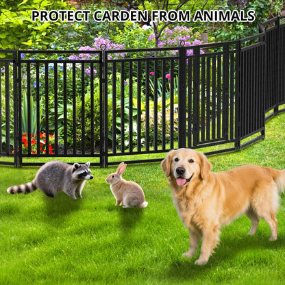 Decorative Garden Fence Metal Dog Fence Outdoor for Yard, 110ft (L) × 32in (H), 42 Panels + 6 Gates, Rustproof Animal Barrier Fencing for Patio & Flower Bed, No Dig, Black-Silver