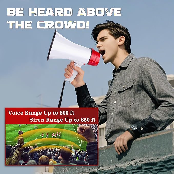 MyMealivos Portable Megaphone Bullhorn 20 Watt Power Megaphone Speaker Voice and Siren/Alarm Modes with Volume Control and Strap (White&Red)