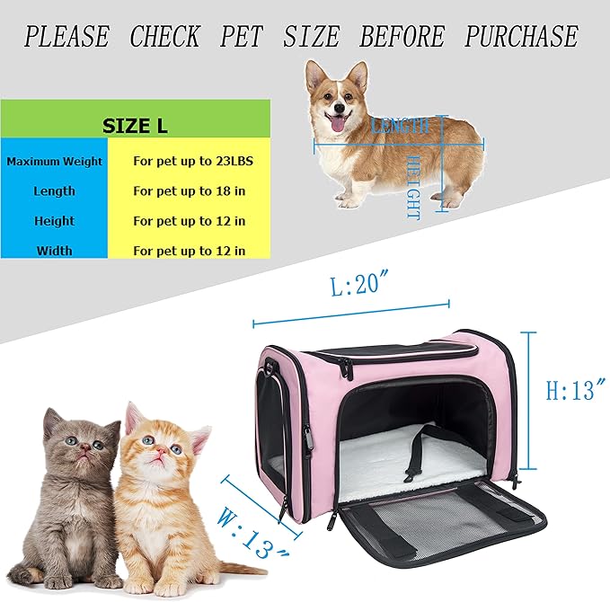 Soft Sided Carrier for Small Medium Cats Dogs,Removable Pad Collapsible Travel Pet Carrier Large Pink