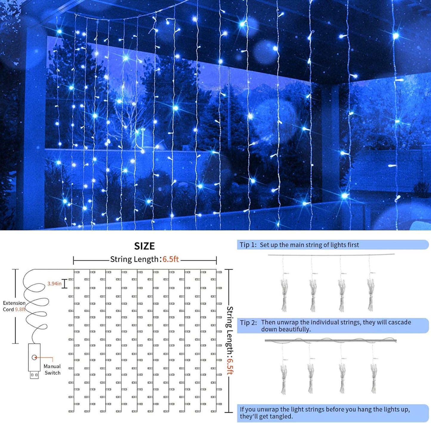 suddus Curtain Lights for Bedroom, 200 Led Hanging String Lights Outdoor Waterproof, Fairy Curtain Lights for Backdrop, Window, Wall, Wedding, Party, Blue