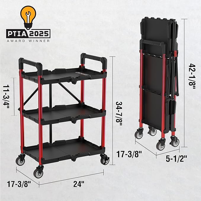 WORKPRO 3-Tier Collapsible Service Cart, 210 LBS Foldable Utility Service Cart with Wheels, Portable Tool Cart for Garage, Warehouse, Home, Restaurant, Office (No Assembly Required)