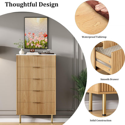 Fluted Wood Dresser 5 Drawers Dresser for Bedroom, Modern Chest of Drawers, Tall Brown Dresser with Faux Marble Top and Gold Handle, Wood Drawer Organizer for Bedroom, Living Room, Hallway, Entryway