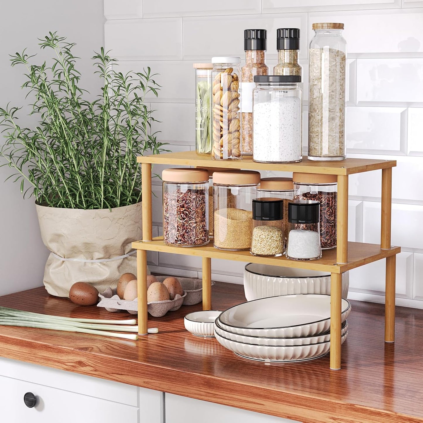 Cabinet Organizer Shelf(Set of 2),Kitchen Counter Shelves,Bamboo Stackable Expandable Spice Rack Countertop(Large)