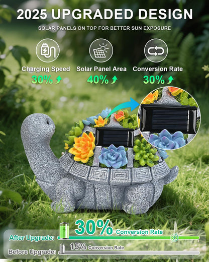 Solar Turtle Statue Garden Decor for Outside with Succulents and 7 LED Lights – 10.3 Inch Cute Lawn Ornaments for Patio, Porch, Balcony & Yard – Unique Birthday Gifts for Women Mom Grandma Wife