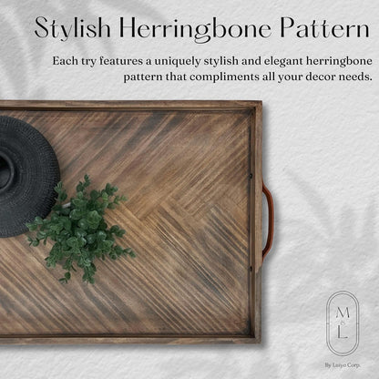 Medium Ottoman Wood Serving Tray- with Leather Handle Decorative Wooden 24 * 16 * 1.5 Inches Square Serving Tray Best for Coffee Table, Living Room and Kitchen