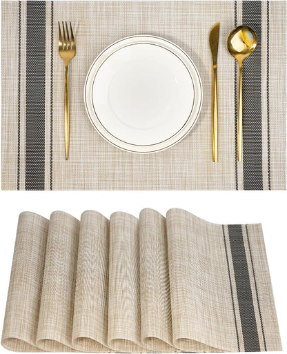Placemats Set of 6，Non-Slip PVC Weave Table Mats Easy to Clean，Heat Resistant Place Mats for Kitchen Dining Table Decoration Indoor Outdoor，Khaki Gray