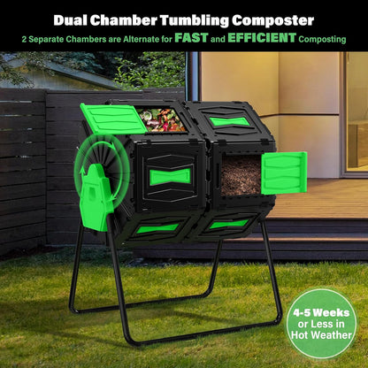 Compost Tumbler, Easy Assemble & Efficient Outdoor Compost Bin, 45 Gallon/170 Liter Large Dual Chamber Rotating Composter for Garden, Kitchen, and Yard Waste, Green Door