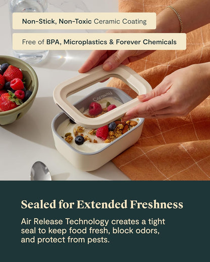 Caraway 6pc Glass Food Storage Set - 2.6 Cup Storage Containers For Food (6) - Non-Toxic Ceramic-Coated Glass - Air Release Technology - Compact & Stackable Design - Cream