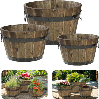 IDZO Set of 3 Wooden Flower Planters for Outdoor Plants, Acacia Wood Barrel Planters, Ergonomic Handles, Drainage Holes, Various Sizes, Walnut