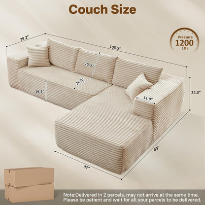 104" Cloudy Sectional L Shaped Couch for Living Room, No Assembly Required, Modular Comfy Sofa with Deep Seat, Fluffy Couch with Sleeper Chaise for Apartment Lounge (Beige)