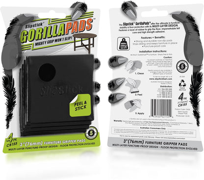 Slipstick GorillaPads Non Slip Furniture Pads/Gripper Floor Protectors (Set of 4) 3 Inch Square Self Adhesive Rubber Stoppers for Furniture Legs, CB155