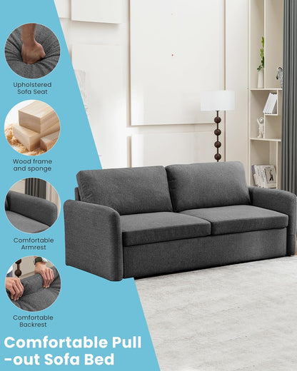 Queen Size Pull Out Sofa Bed, Convertible Sleeper Sofa Couch with Pullout Bed, 2 in 1 Sofa Bed Couch with Memory Foam Mattress for Living Room Office, Space-Saving, Dark Grey