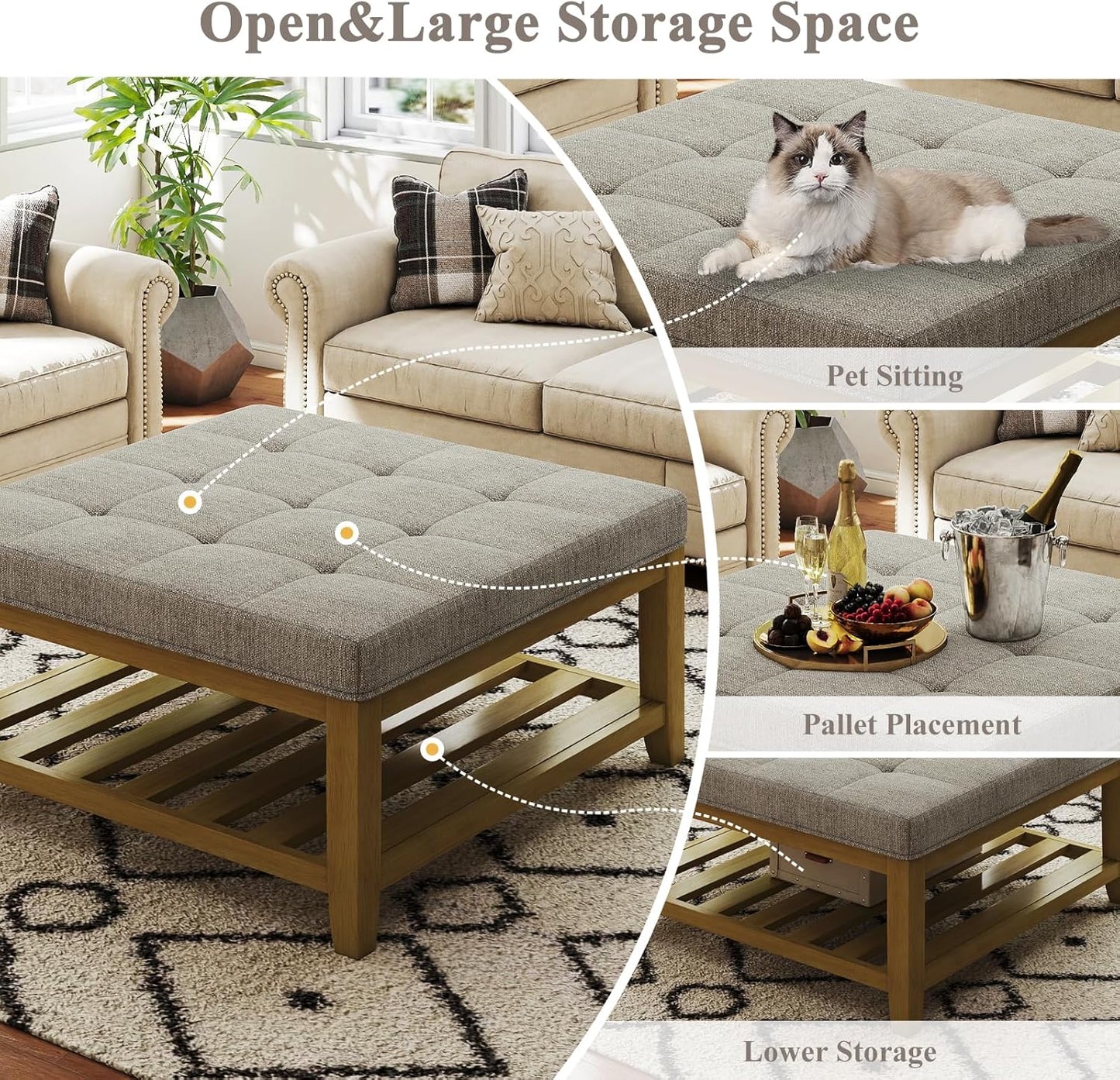 Large Square Ottoman Coffee Table, Linen Solid Upholstered Footrest Ottoman with Solid Wood Shelf Storage Tufted Coffee Table for Bedroom Living Room, Linen