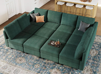 Belffin Oversized 12 Seat Modular Sectional Sleeper Sofa Convertible Sleeper Sectional Sofa with Storage Seat Large Corduroy Modular Couch for Living Room Green