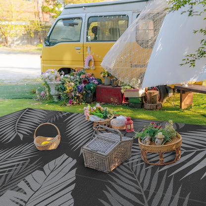 GENIMO Outdoor Rug 10' x 14' Waterproof for Patios Clearance, Reversible Outdoor Plastic Straw Camping Rug Carpet, Large Area Rugs Mats for RV, Camper, Deck, Balcony, Porch, Beach, Picnic, Black&Grey