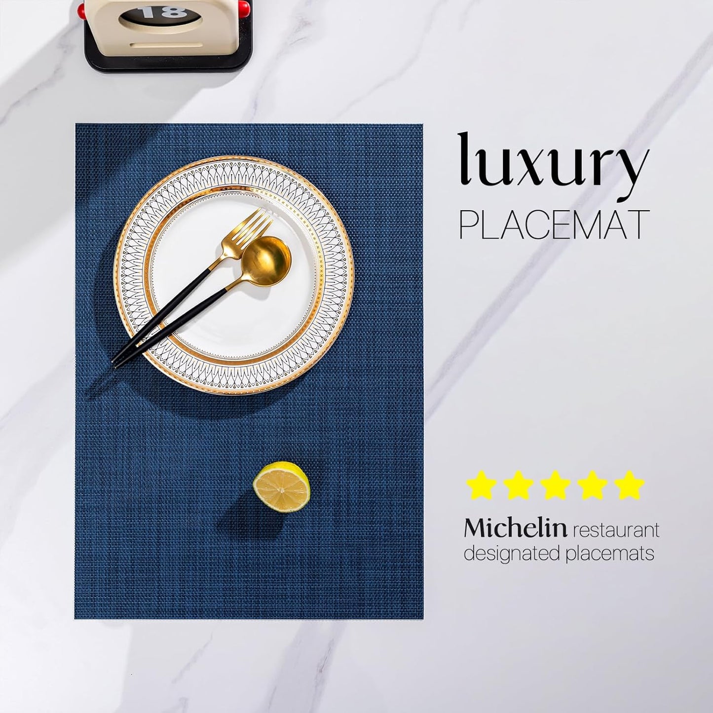 LEXMORE Placemats Set of 8 Vinyl/Plastic Woven Place Mats for Kitchen Table Indoor/Outdoor Washable Placemat Wipeable Dining Table Mats(Navy Blue)