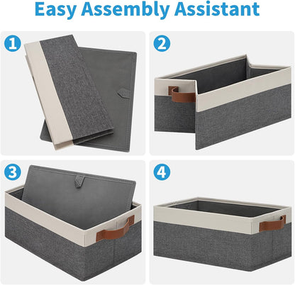 GhvyenntteS Small Fabric Storage Bins 12 Pack, Storage Basket with Leather Handles, Closet Storage Bins for Shelves, Storage Baskets for Shelves, Home, Office (Grey/White, 11.8" x 7.87" x 5.11")