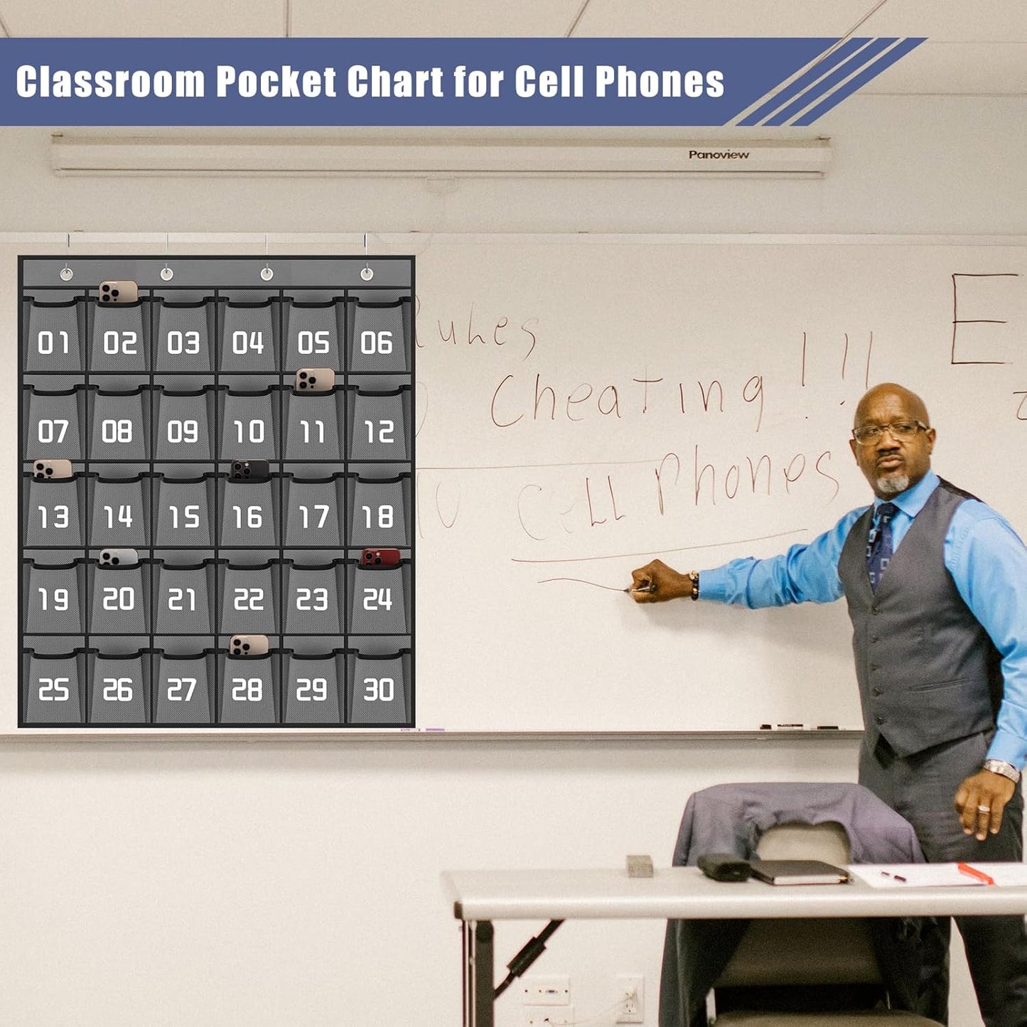 Loghot Classroom Accessories Closet Pocket Chart for Cell Phones Holder Wall Door Hanging Organizer (30 Pockets Gray)