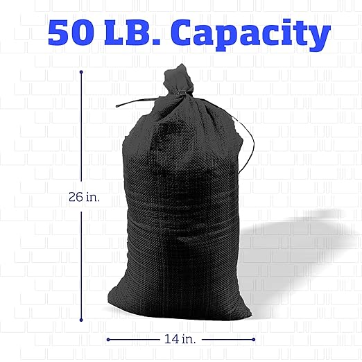 DURASACK Heavy Duty Sand Bags with Tie Strings Empty Woven Polypropylene Sand-Bags for Flood Control with 1600 Hours of UV Protection, 50 lbs Capacity, 14x26 inches, Black, Pack of 20