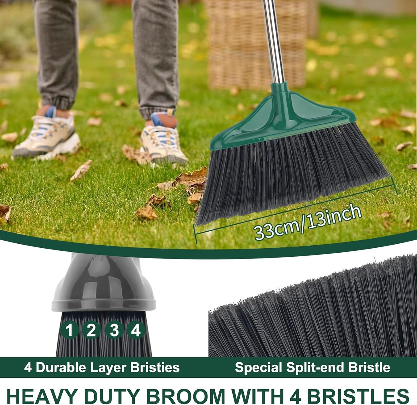 4 PCS Heavy Duty Broom Outdoor/Indoor Commercial Broom with 61" Long Handle,Perfect for Home Garage Kitchen Office Lobby Room Floor,Black and Green