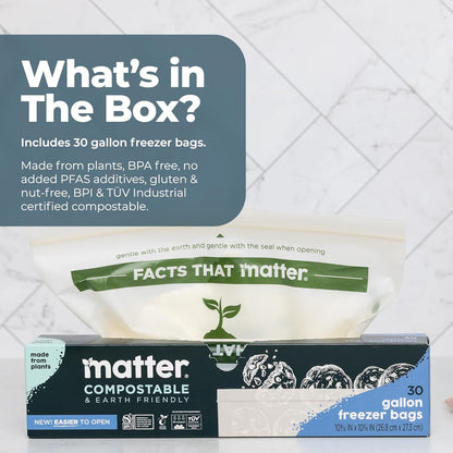 Matter Compostable Gallon Freezer Bags for Food Storage, Eco-Friendly, Resealable, Food Storage Bags, 30 Count