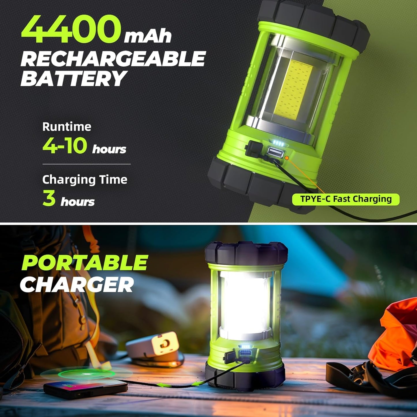 Rechargeable Camping Lantern, 3000LM 5 Light Modes Camping Light 4400 Capacity Phone Charger LED Impact-Resistant Flashlight Lantern Portable Waterproof Hurricane Lanterns for Emergency