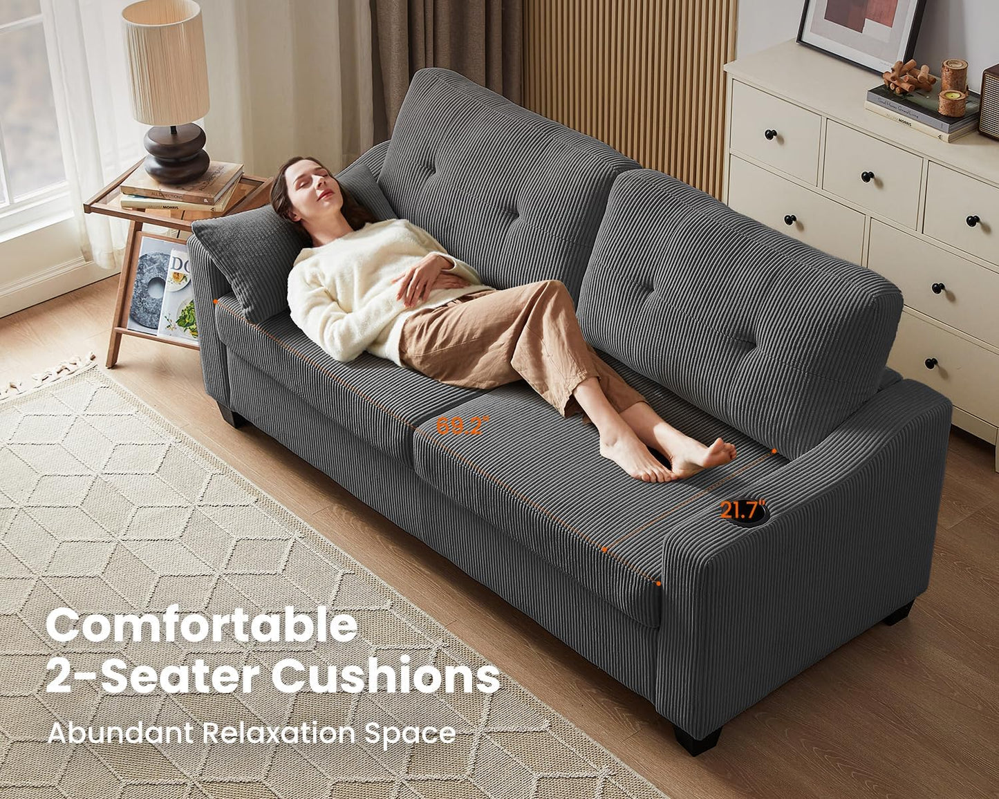 Pull Out Sofa Bed, Full Size Sleeper Sofa, 2-in-1 Convertible Corduroy Couch with USB Charging, Memory Form Couch for Living Room, Apartment and Small Space (Dark Grey, Corduroy - Queen Size)